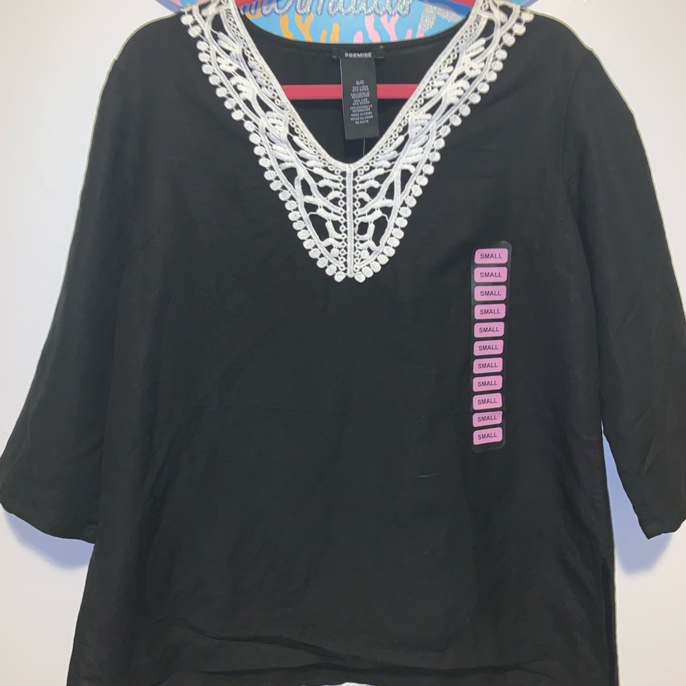PREMISE shirt black with white trim 3/4 slv small